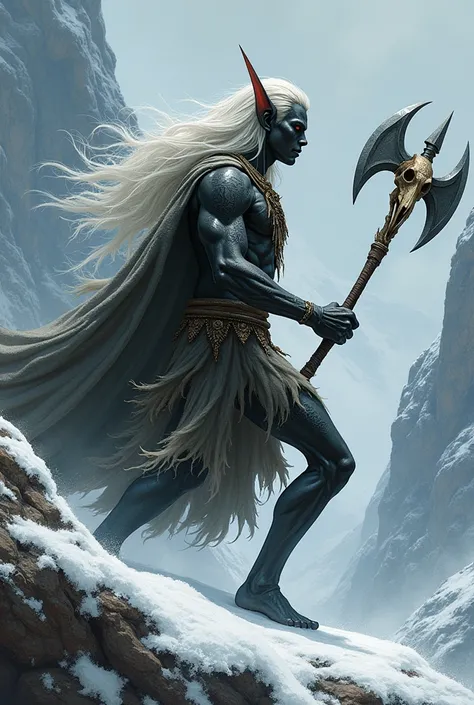 Black elf young man full body, long white hair, tattoos on face, Druid, small one-handed sickle and animal skull on the head, Attack position, Wolf skin, Mountain and snow environment