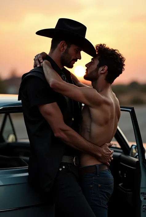 A handsome, beautiful, attractive 2 man wearing a hat and a black cowboy outfit getting out of a car with a handsome, cute, shirtless young man carrying the young man on an evening