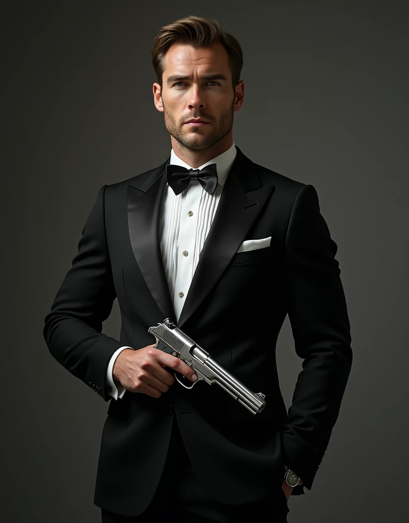 Liam Hemsworth as James Bond 007 wearing black tuxedo posting with gun