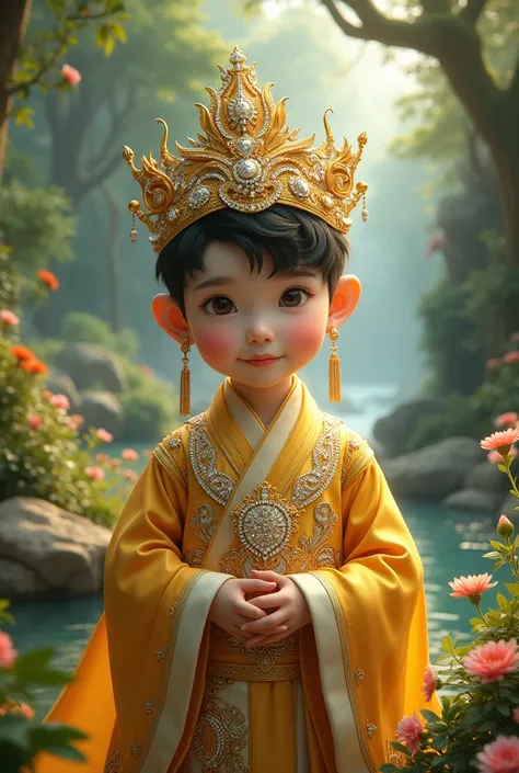 (photorealism:1.2), beautiful chines BOY  king , with Gold and diamond, in a big Éden garden.