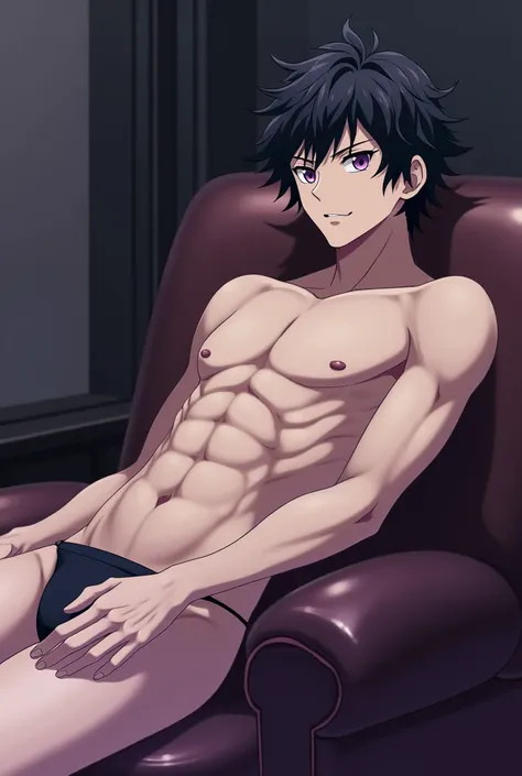 Screenshot of boku no hero academia 1 boy naked anime man shirtless white skin handsome black hair with wavy purple and purple eyes sexy pose full body without underwear pubic hair