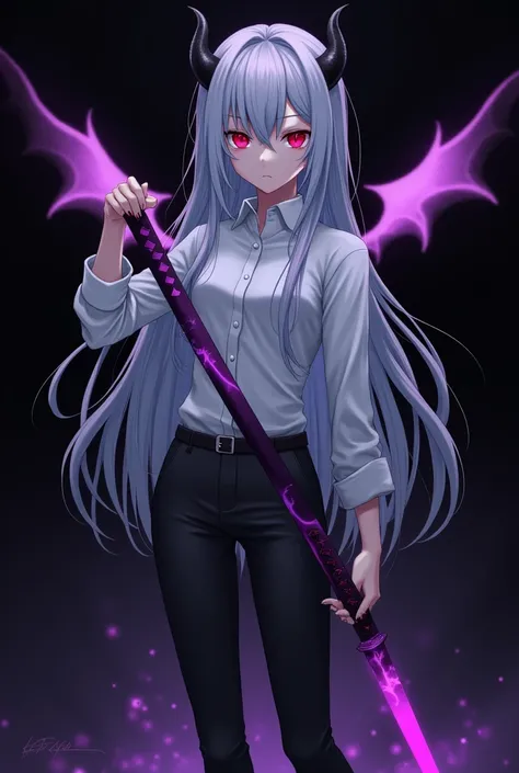 More mature anime style image. An image with a black background and some purple details. a teenage girl, with long light blue hair and red eyes that gave off a kind of frightening glow, wore a white dress shirt rolled up to her elbows, a black pants and a ...