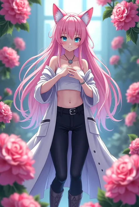 A young woman. Light pastel pink long hair with white ends. Bright light blue eyes. Short white crop top, long white coat and dark black pants with boots. Cat ears and tail. Fairy Tail guild mark on chest near heart. Pink carnation and hibiscus flowers sur...