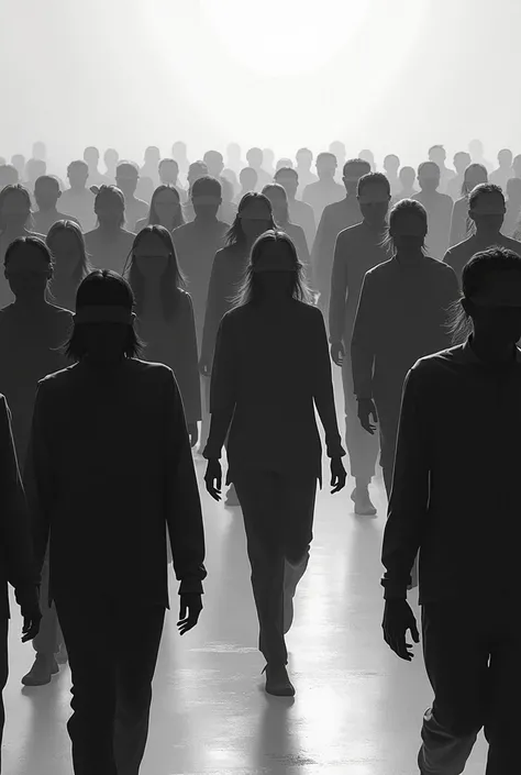 A black and white image and a blindfolded crowd, walking in different directions without a fixed course