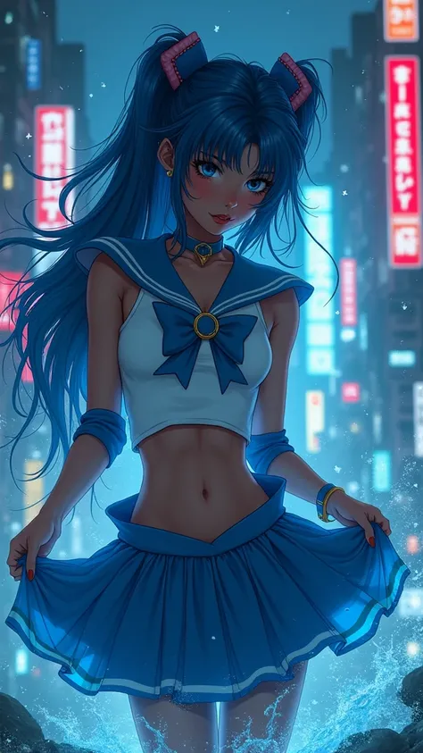 Sailor Mercury  with blue hair and , (dark ebony skin:1.4),(background city destroyed apocalypse Tokyo night :1.4), Artgerm JSC, portrait knights of zodiac girl, extremely detailed Artgerm, Ross Tran 8 K, in the style of ross tran, Artgerm Julie Bell Beepl...