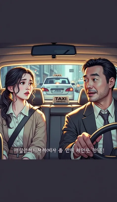 Inside a Korean taxi, a young female traveler is sitting in the back seat, talking to the male driver in the front seat. The woman looks anxious as she speaks to the driver. Outside the taxi window, the scenery of Haeundae is visible