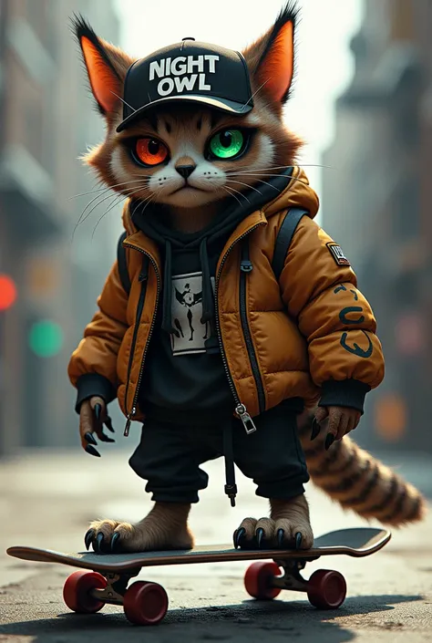 The fusion of a cat and an owl with dark circles under their eyes, red and green eyes, hip hop clothing, a skateboard and a cap that says night owl.