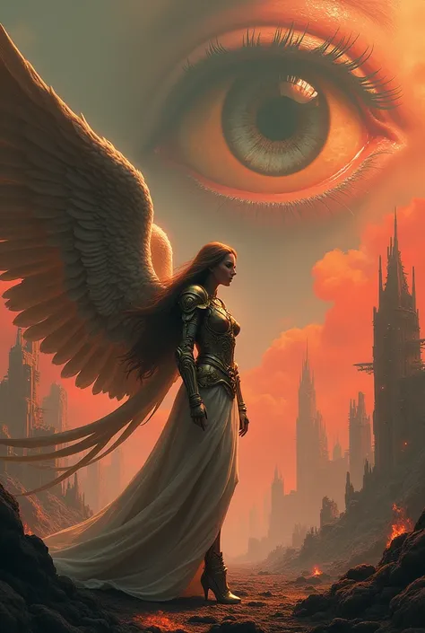 Apocalypse, destroyed City, rain, red clouds, fires, skeletons, space monsters, huge eye looking from the sky, heavenly demons, nostalgic atmosphere, 1 female angel with giant wings, very long hair, with armor of gold and silver, looking to the horizon, st...