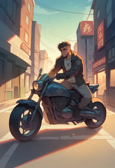 scene where a man goes out for a ride through the streets of a city on a motorcycle, at night