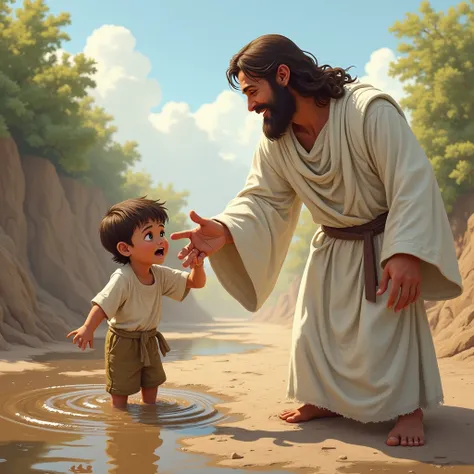 A  boy is standing anxiously in the mud, and Jesus Christ, dressed in clean white clothing, is smiling and reaching out his hand to help him.