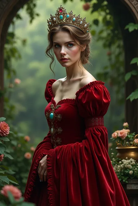 (Photorealism:1.2), beautiful woman , scottish princess, a scarlet red velvet dress, and a crown of sapphires and opals , a secret garden with treasures , and a pot full of gold and emeralds .