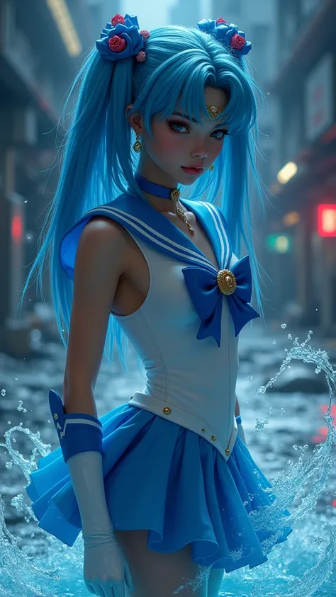 Sailor Mercury  with blue hair and , (dark ebony skin:1.4),(background city destroyed apocalypse Tokyo night :1.4), Artgerm JSC, portrait knights of zodiac girl, extremely detailed Artgerm, Ross Tran 8 K, in the style of ross tran, Artgerm Julie Bell Beepl...