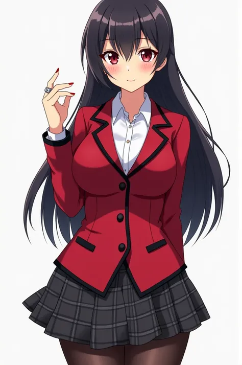 create anime tall, beautiful girl with a voluptuous figure, she has long thick black hair styled in a hime-cut and burgundy eyes she has pink glossed lips and red painted fingernails uniform a red blazer with black trim lining the cuffs and collar, white b...