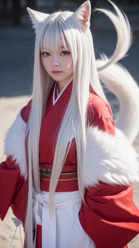 White Demon Fox、Nine-tailed Fox、Japanese women、kimono、Fair skin、Red lines on face、8K、I have long hair