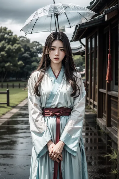 A chinese beauty in color hanfu, hold bow and arrow head in front, in archery status, sad, looking in front, many raindrops falling in cloudy sky, 4k hd photo, cinerma lighting, half body