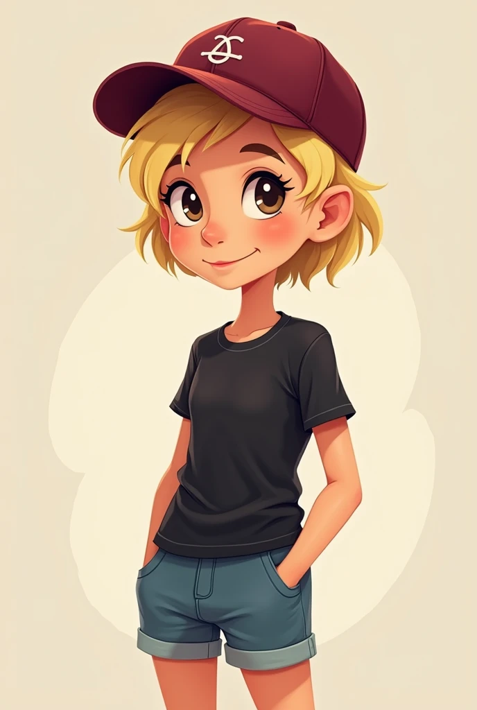 A 20 year old blond teenager, short hair, with a slight smile wearing shorts and a black shirt and a wine cap. make a cartoon drawing with more adult features and that is not 3D