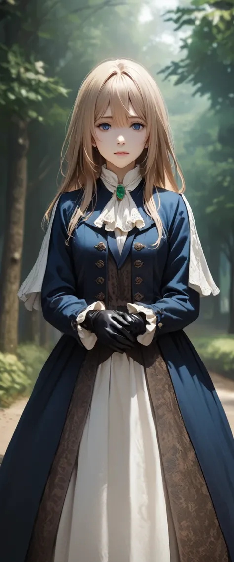 France in the 1890s。The main character of Violet Evergarden has blonde shoulder-length hair with a red ribbon.。She is wearing a classical aristocratic outfit based on ultramarine blue, with a white ribbon on her chest and an emerald necklace in the center....