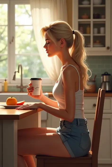 An 1  woman with light blonde, wavy hair, sitting at her kitchen table in the morning, dressed in a simple tank top and shorts that subtly highlight her curvy figure. The kitchen is softly lit by natural light from a nearby window, creating a peaceful, hom...