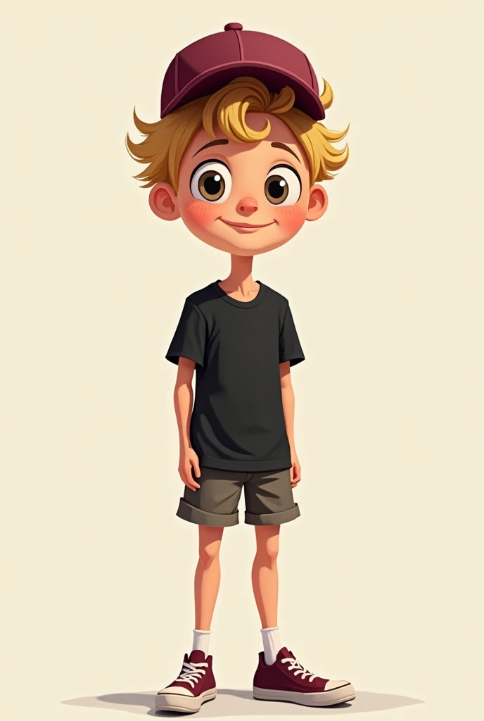 A 20 year old blond young adult, short hair, with a slight smile wearing shorts and a black shirt and a wine cap. make a cartoon drawing with more adult features and that is not 3D