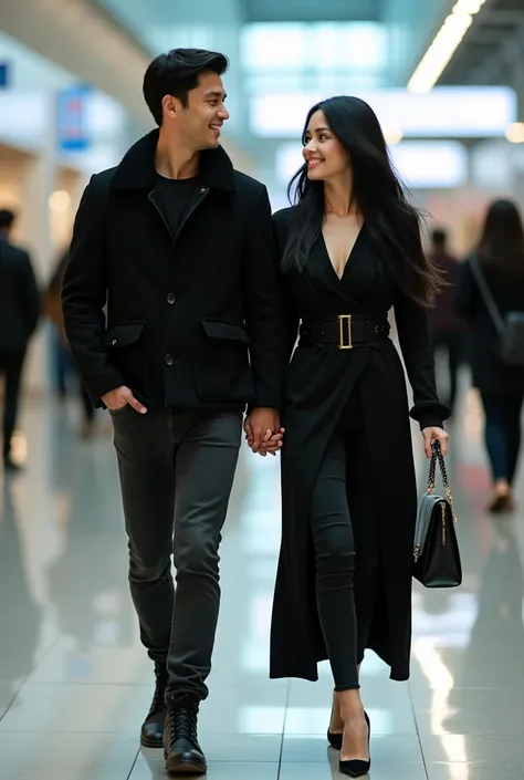 Asian couple. Beautiful and handsome, man with neat black hair, wearing a black parka jacket, black jeans, high boots. Woman with long black hair. Wearing a luxurious long blouse, long black jeans, wearing heels, both smiling. Walking in airport