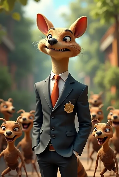 Create a photo of an anteater dressed in a suit, with badge written municipal secretary of Capivari de Baixo, and next to it several ants laughing at the anteater 