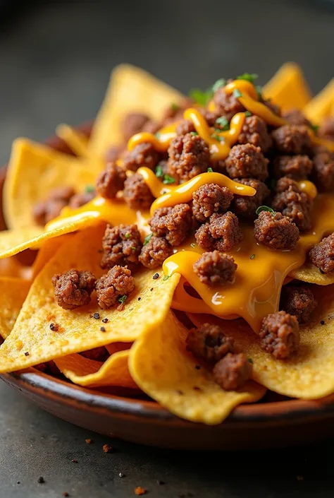 Create some nachos with cheese and meat 