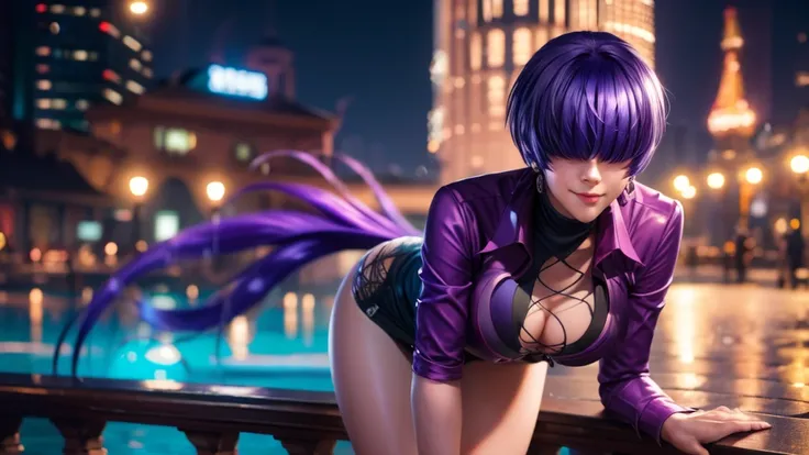 (at night), alone, in a video game scene, a background of a beautiful city during the day raining, standing at attention, purple hair, pink clothes ((purple hair)), 1 girl, alone, 20 years old, woman young, perfect and beautiful hands with perfect fingers,...