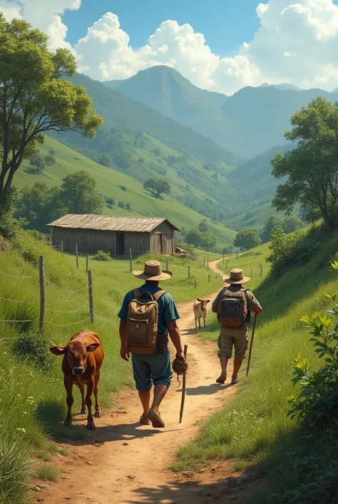 Recreate the following stanza in a realistic and contextualized way in Latin American country life:
A farmer brings his work tools and backpack along a path:
Another farmer brings caites and is looking for a cow with her calf to milk next to the corral..