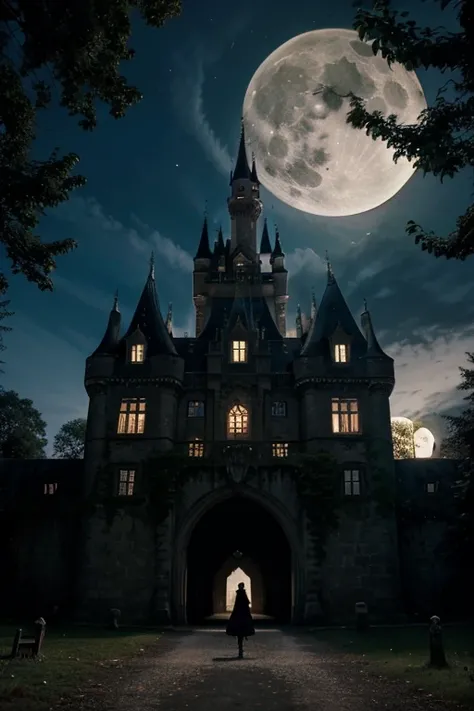 A big castle in the middle of a forest under a bright full moon and crows and a girl at its entrance