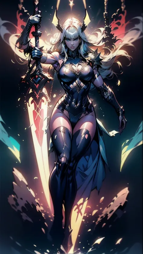 (full body portrait), Magik of X-men, Illyana Rasputin with long white hair, piercing blue eyes, wearing a low cut unitard with high cut legs, tight thigh high boots, holding a glowing magical sword, jumping with sword raised back behind head, huge overhea...