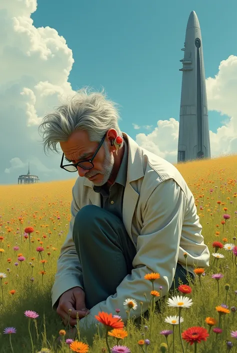 Give me a tall, skinny scientist, who has a hearing aid in his ear which is his friend, crying on his knees in a field of flowers and a spaceship behind him.