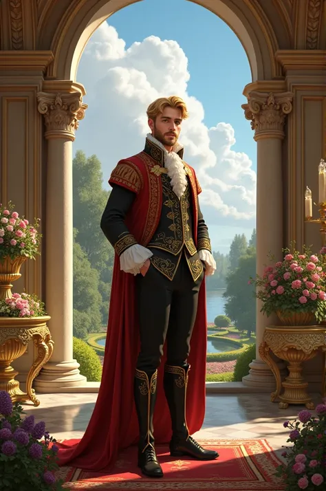 blond man, barba e europeu. wearing fancy clothes. In a Castle with a beautiful colorful garden This man is tall and has light eyes