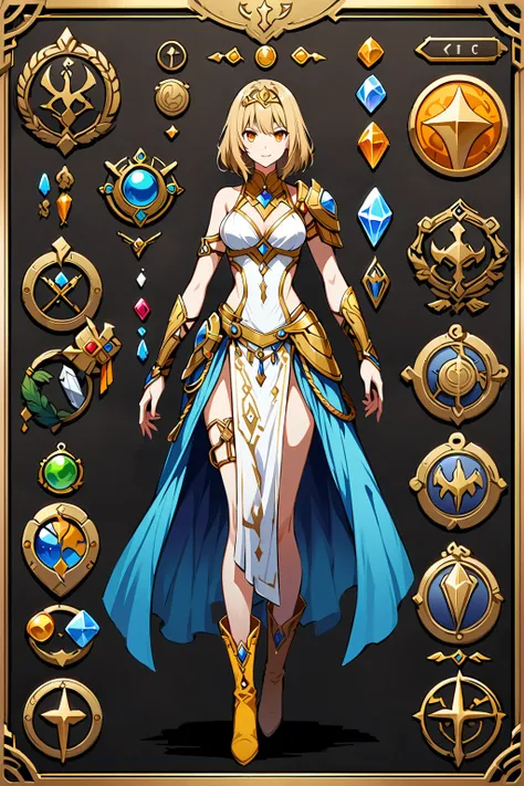 Framed Presentation of a clerge, woman character design sheet for a video game with detailed accessories, boots, multiple icons, and fantasy dancer dresses, Ball Gown, buttons to customize the character to your liking, sphere,(game icon),medal icon,rpg,(ye...