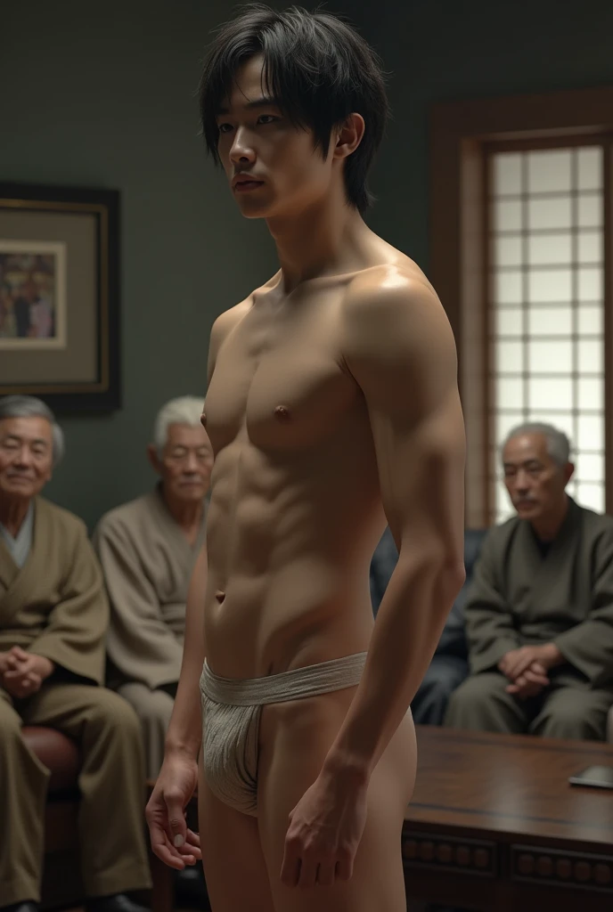 1boy、Photo Quality、Handsome Men、Mash Hair、Japanese male, 、Completely naked、Full nudity、erection、Huge penis、Highest quality、Realistic、beautiful、Sad look、Standing in front of some elderly people in kimonos sitting on a sofa、Back view