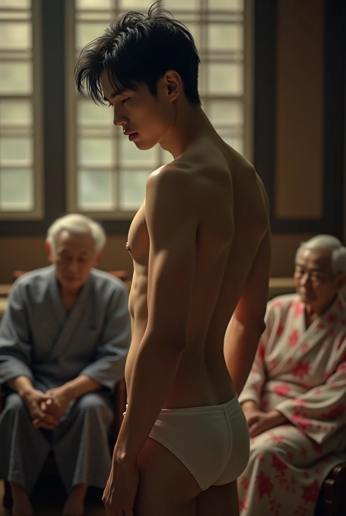 1boy、Photo Quality、Handsome Men、Mash Hair、Japanese male, 、Completely naked、Full nudity、erection、Huge penis、Highest quality、Realistic、beautiful、Sad look、Standing in front of some elderly people in kimonos sitting on a sofa、Back view