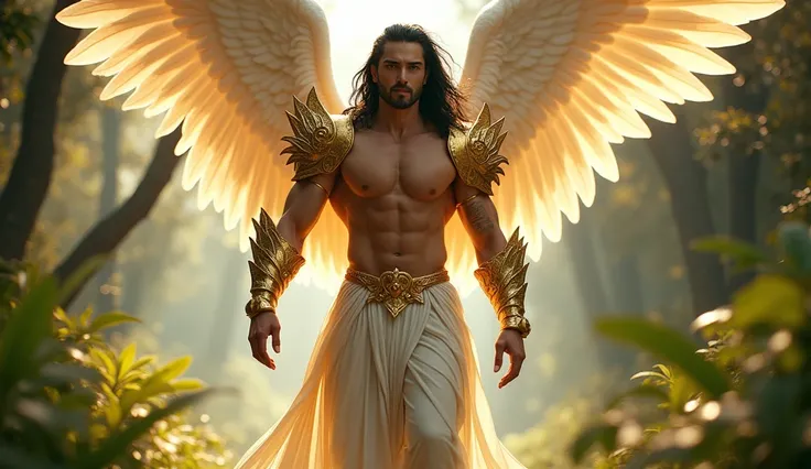 hyper-realistic, highly detailed, lifelike image of extremely most handsomely beautiful male Asian Archangel Chamuel in his mid-30s with a Japanese appearance, long flowing wavy black hair, large gold and white wings, wearing built-in shimmery gold armor o...