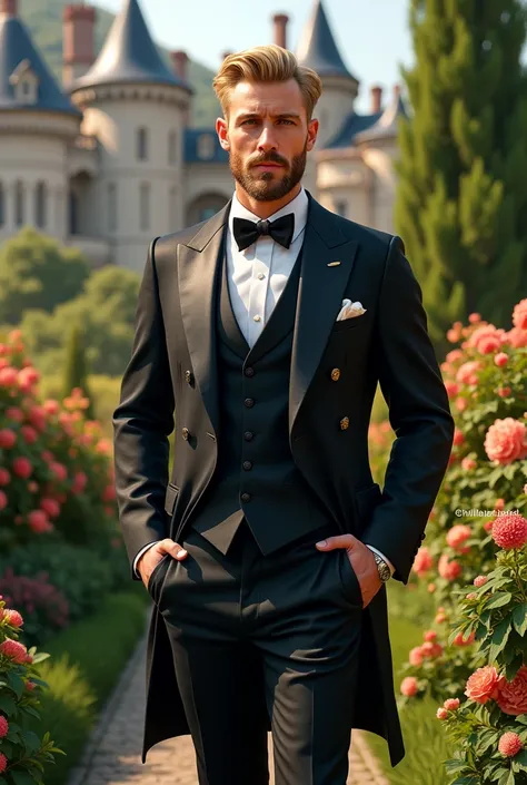 blond man, beard and european 3. wearing fancy clothes. In a Castle with a beautiful colorful garden This man is tall and has light eyes, current days