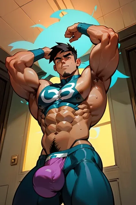 Danny Fenton from Danny Phantom animated series as a big dumb teenage muscular bodybuilder jock in a locker room flexing and staring blankly with mouth gaping open as his eyes glow under hypnosis as he repeats, "Bigger... Dumber.... Must obey.... More like...