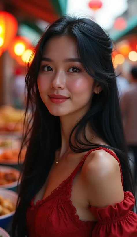 (8K, Ultra high res:1.1) Nguyen, a vibrant Vietnamese woman in her 40s, The high-resolution image captures ultra-detailed realism, highlighting Nguyens captivating brown eyes, flawless complexion, and long black hair. The vibrant market with its colorful s...