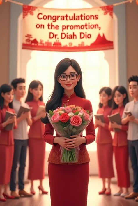 4D Cartoon Beautiful Indonesian Woman Age 30 Years, wearing traditional Indonesian clothes, red kebaya, under white Indonesian batik cloth with a red mountain wayang motif up to the ankles, wear glasses, high heel shoes, black hair in a bun, hold a bouquet...