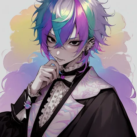 Cute anime boy male guy, black eyes, pale skin, rainbow hair, multicolored hair, pastel rainbow hair, pastel hair, cute, handsome attractive pretty, Victorian goth clothing, one person, angry