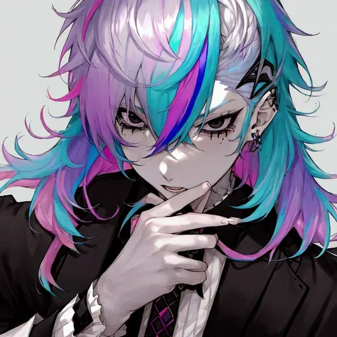 Cute anime boy male guy, black eyes, pale skin, rainbow hair, multicolored hair, pastel rainbow hair, pastel hair, cute, handsome attractive pretty, Victorian goth clothing, one person, angry