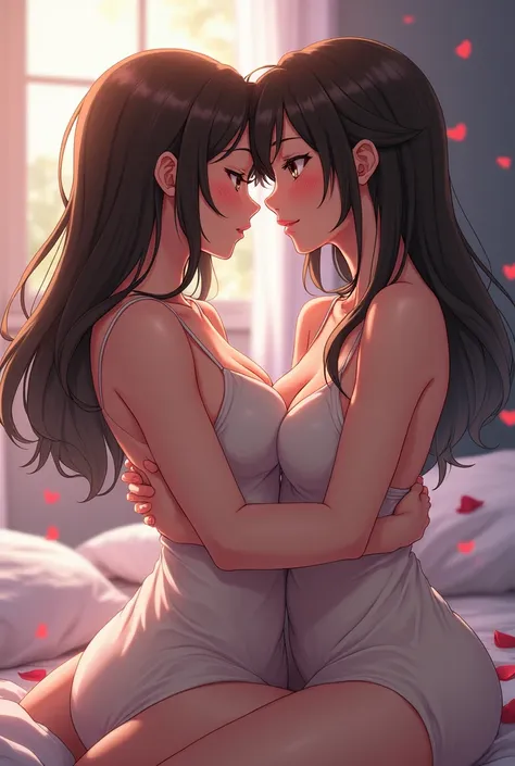 A lesbian couple making love without any clothes in Japanese anime style 