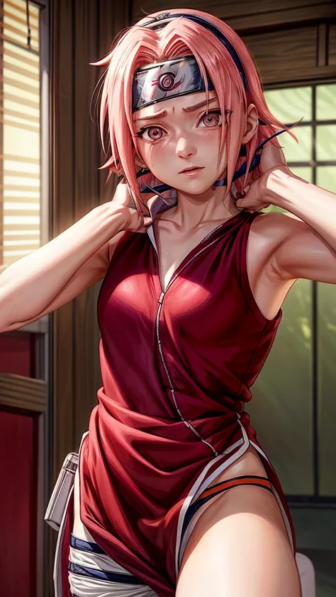 Sakura Haruno people from Naruto, age 14 years , Pink shirt with a small neckline without a bra, hands up, armpits, short red hair, medium breasts, Below she only wears orange panties, stage in a room covered in a lot of sweat (Masterpiece high resolution ...