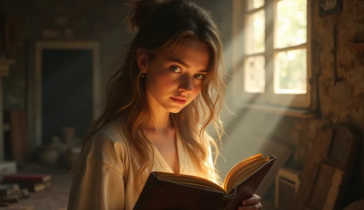 A brown-haired, curious-eyed woman finds a dusty old diary in a sunlight-drenched attic., with mysterious shadows suggesting a story to be discovered.