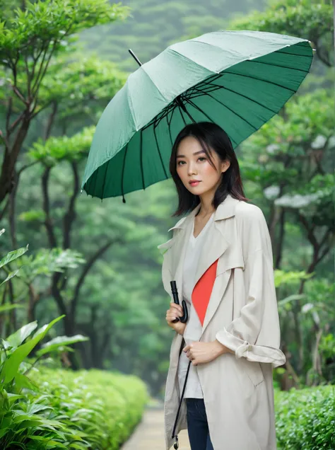 Woman with umbrella，Asian，Real People，Realistic photos。The background is minimalist，outdoor，Green plants，Depth of Field