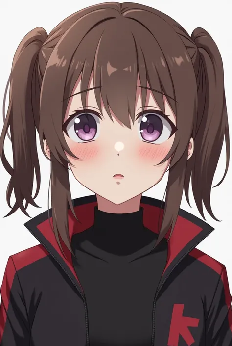 Pale-skinned girl with freckles, tired lilac-colored eyes and brown hair tied in two loose pigtails, messy bangs, wearing a black and red jacket and underneath a black bodysuit up to the neck, art anime boku no hero