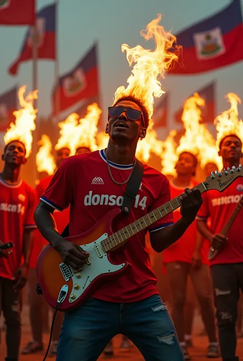 20 artists dressed in jerseys with DONSON14 written on them, with microphones on fire, burning guitars, with Haitian flags flying