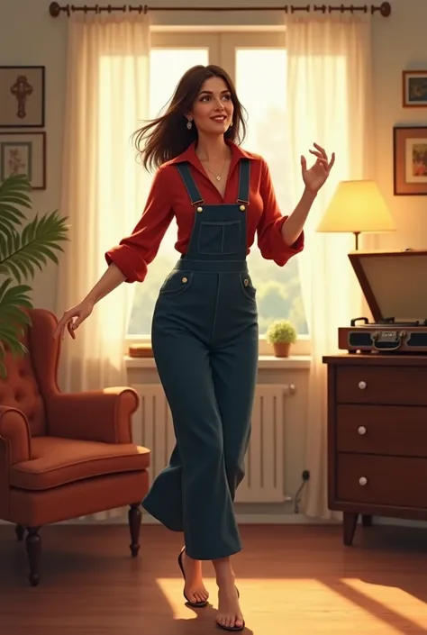 40 years old woman, straight brown shoulder length hair, eyes black, Round face, dancing, Room, window, drapery, vinyl record player, Red blouse underneath and navy blue dungarees. 