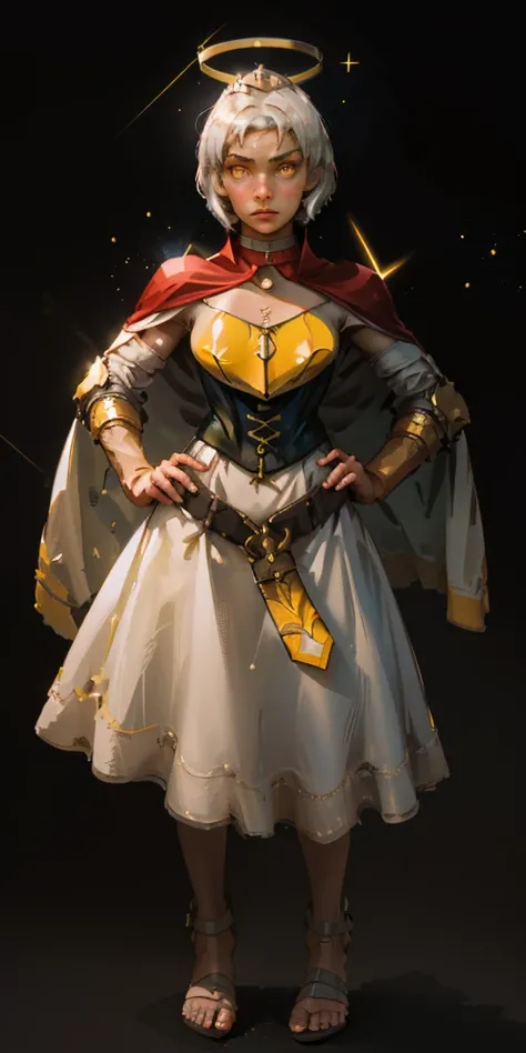 (black background) paladin lady in ornate golden armor, pauldrons, breastplate, corset, glowing halo, short hair, bob hair style, white silver hair, yellow glowing eyes, bright pupils, eye focus, red cape, particles, light beam, chromatic aberration, full ...